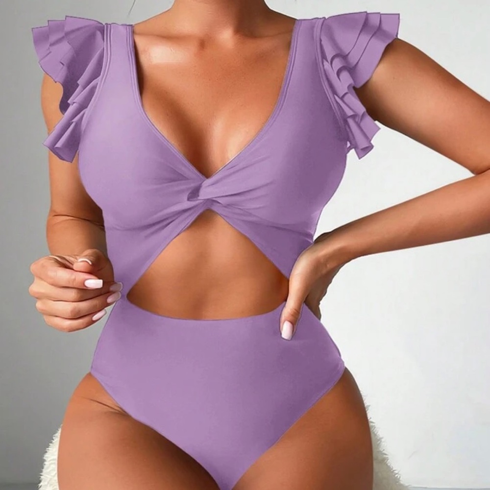 SHEIN Purple Ruffle Sleeve One Piece Swimsuit